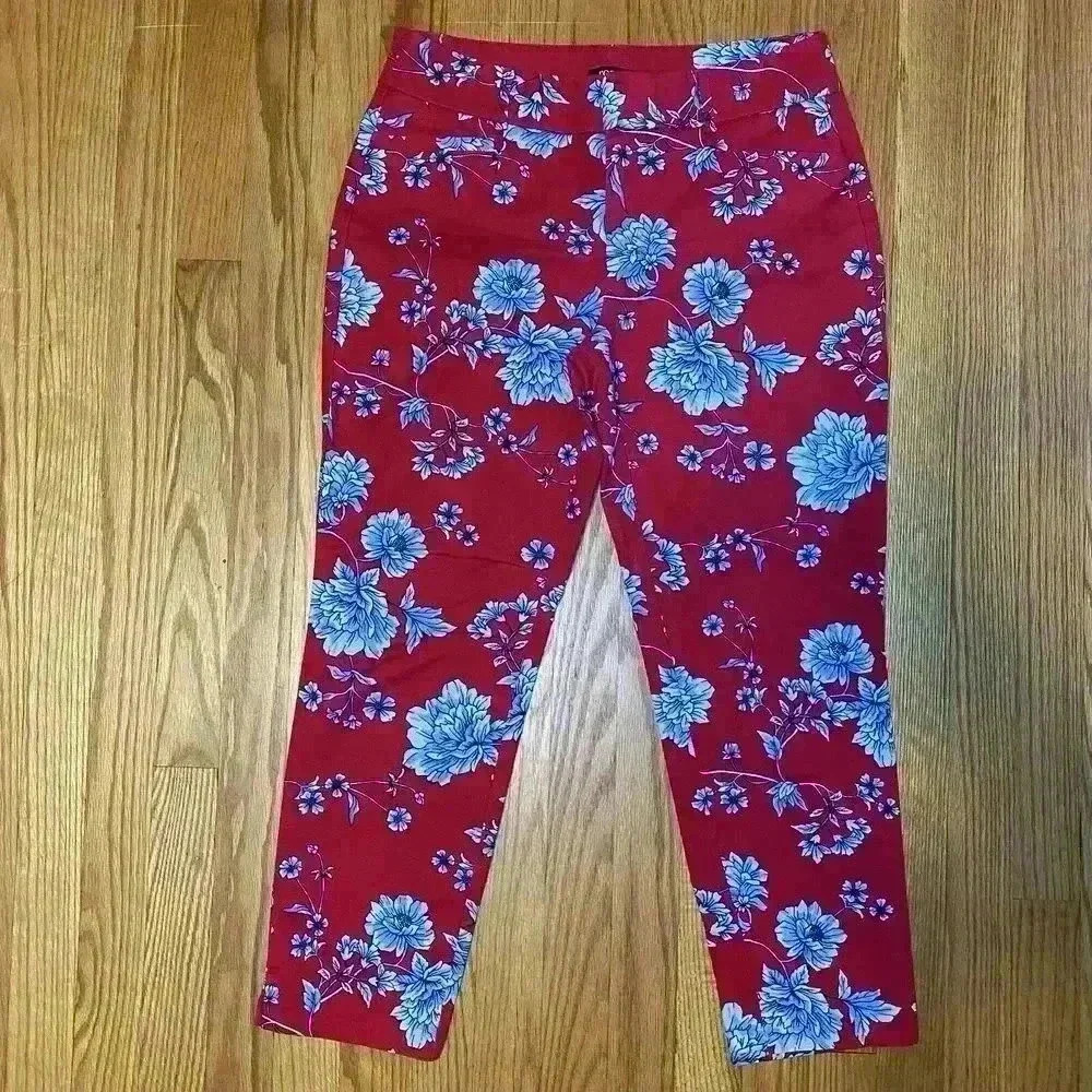 Roz &‎ Ali  Women's Red Blue Floral Flat Front Stretch Cropped Pants Size 6